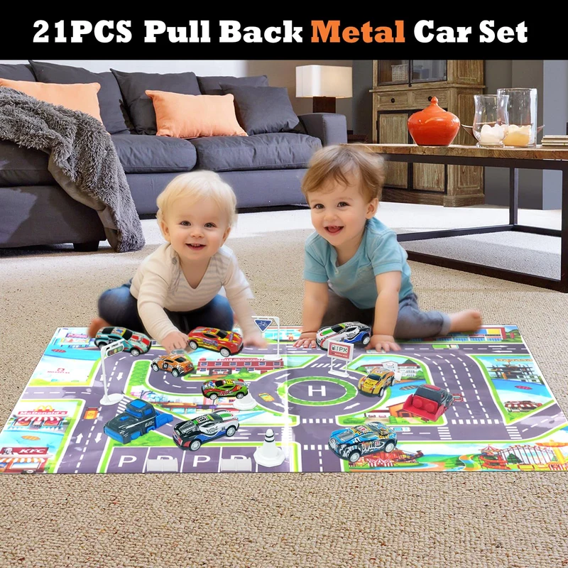 TOYABI 21 pezzi Macchinine per Bambini Set, 10 Macchinine Metallo con Lanciatore/Blocco Stradale/Tappeto da Gioco per Bambini/Borsa per il Trasporto, Ragazzi e Ragazze 2, 3, 4 Anni e Più