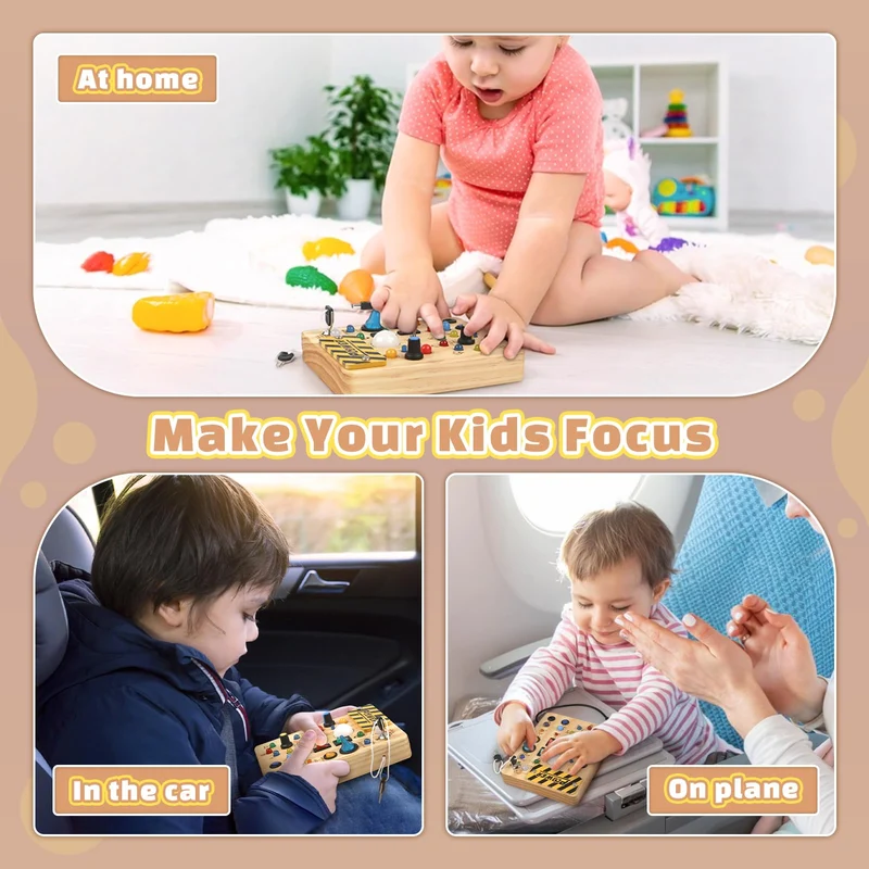Joyreal Busy Board Montessori 2 Anno, Giochi in Legno con 19 LED, Pannello Sensoriale Bambini Montessori, Giochi Educativi Regalo Bimbo 2 3 4 Anni