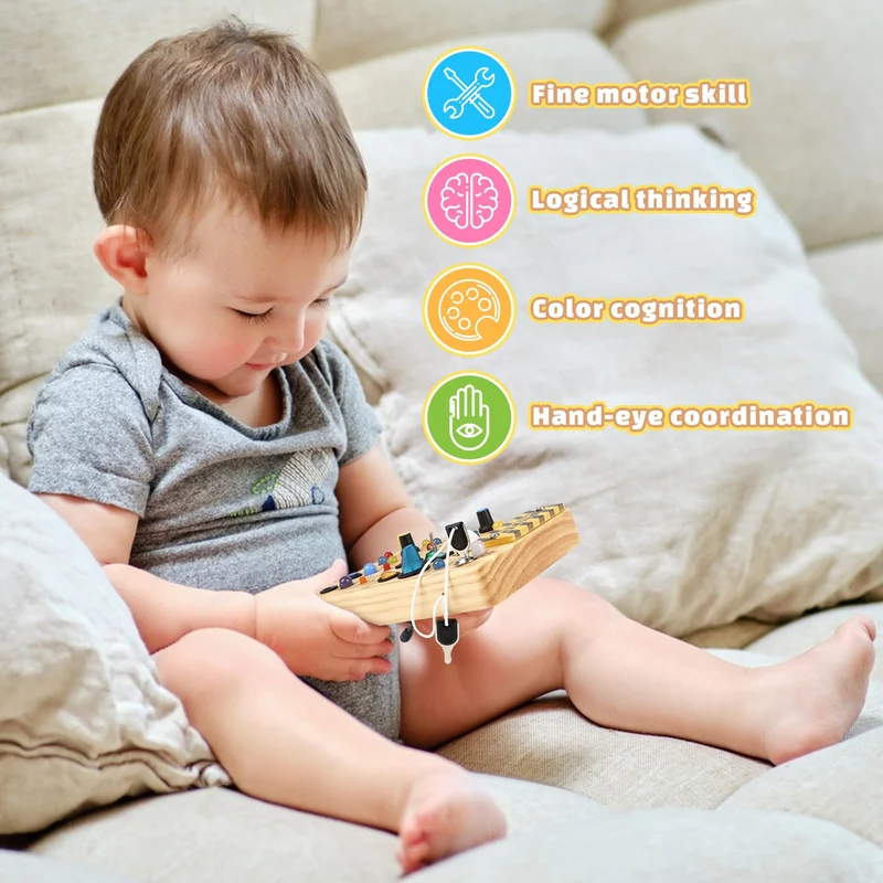 Joyreal Busy Board Montessori 2 Anno, Giochi in Legno con 19 LED, Pannello Sensoriale Bambini Montessori, Giochi Educativi Regalo Bimbo 2 3 4 Anni