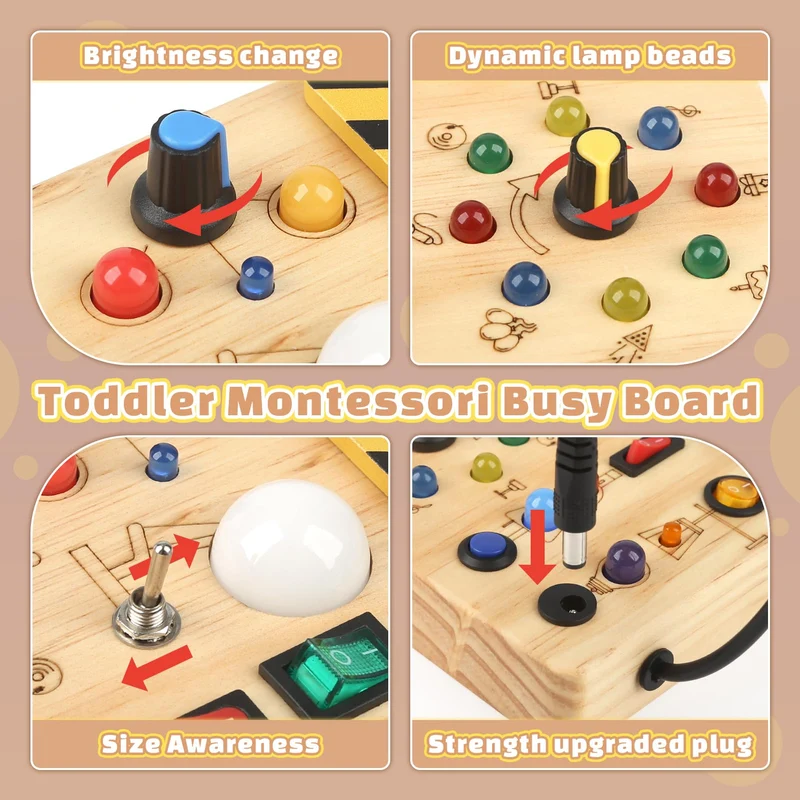 Joyreal Busy Board Montessori 2 Anno, Giochi in Legno con 19 LED, Pannello Sensoriale Bambini Montessori, Giochi Educativi Regalo Bimbo 2 3 4 Anni