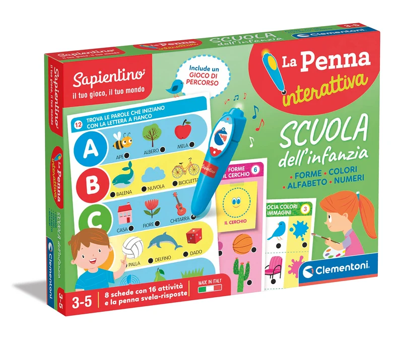 Clementoni- Sapientino-Scuola Dell'Infanzia-Forme, Colori, Alfabeto E Numeri-Quiz, Schede attività e Penna Interattiva Parlante, Gioco Educativo 3 Anni-Made in Italy, Italiano, 16748