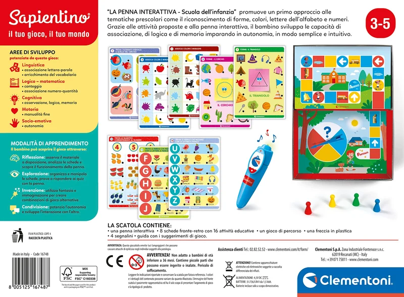 Clementoni- Sapientino-Scuola Dell'Infanzia-Forme, Colori, Alfabeto E Numeri-Quiz, Schede attività e Penna Interattiva Parlante, Gioco Educativo 3 Anni-Made in Italy, Italiano, 16748