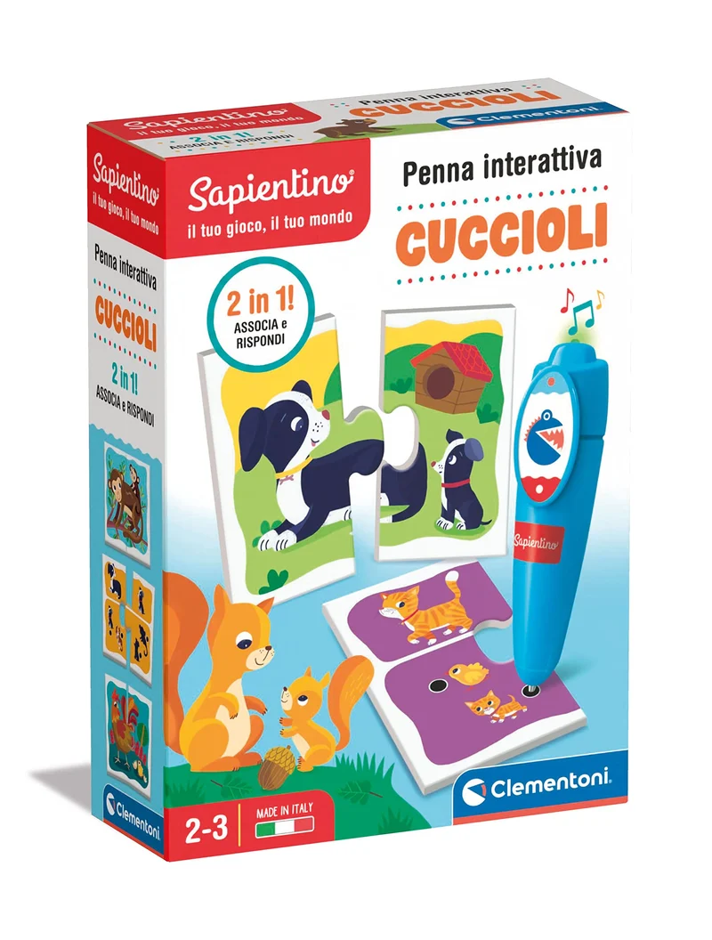 Clementoni Sapientino - Penna Interattiva Cuccioli, Gioco Educativo Elettronico 2-3 Anni, Flashcard Animali e Penna Parlante per Sviluppare Logica e Linguaggio, Made in Italy, Lingua Italiana, 16380