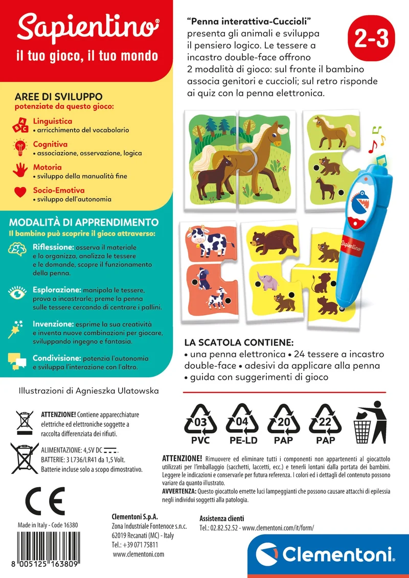 Clementoni Sapientino - Penna Interattiva Cuccioli, Gioco Educativo Elettronico 2-3 Anni, Flashcard Animali e Penna Parlante per Sviluppare Logica e Linguaggio, Made in Italy, Lingua Italiana, 16380