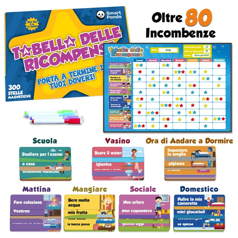 Tabella delle Ricompense per Bambini. La Tabella Magnetica Star Stimola i Bambini a Comportarsi Bene. Include 80+ Faccende Domestiche e 300 Stelle - Versione migliorata, in Italiano