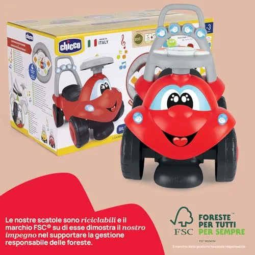 Chicco Billy Walk&Ride Eco+, Primi Passi Girello e Cavalcabile 2in1, Assemblaggio Semplice Manubrio Ergonomico, Ruote Larghe, Suoni e Luci di Guida, in Plastica Riciclata, Bambini 12-36 Mesi, Rosso