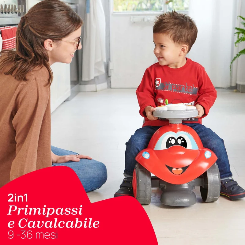 Chicco Billy Walk&Ride Eco+, Primi Passi Girello e Cavalcabile 2in1, Assemblaggio Semplice Manubrio Ergonomico, Ruote Larghe, Suoni e Luci di Guida, in Plastica Riciclata, Bambini 12-36 Mesi, Rosso