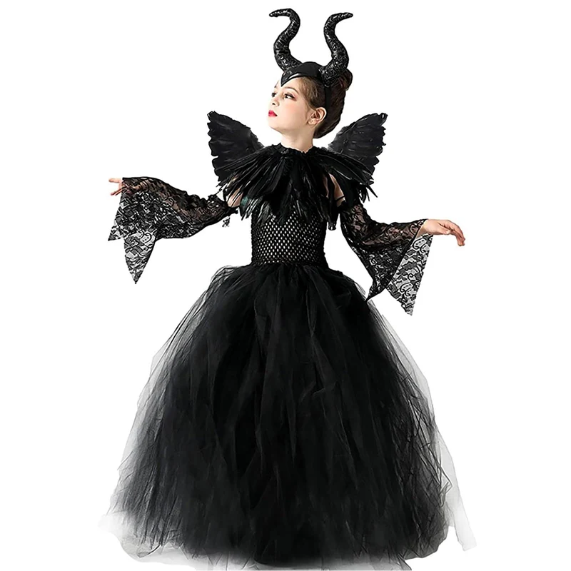Malefica Costume da Regina per bambine, Strega Cattiva Halloween, Abiti Tutu Principessa, Gonna Tulle Festa a Tema, Vestito Carnevale, Natale, Cosplay (XL 135-155 cm)