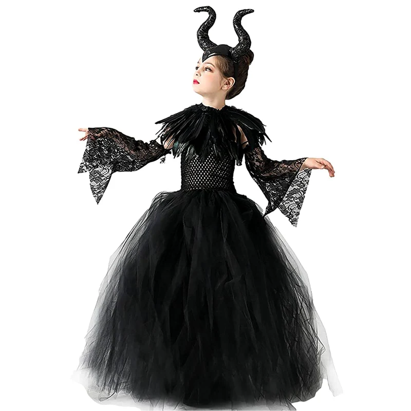 Malefica Costume da Regina per bambine, Strega Cattiva Halloween, Abiti Tutu Principessa, Gonna Tulle Festa a Tema, Vestito Carnevale, Natale, Cosplay (XL 135-155 cm)