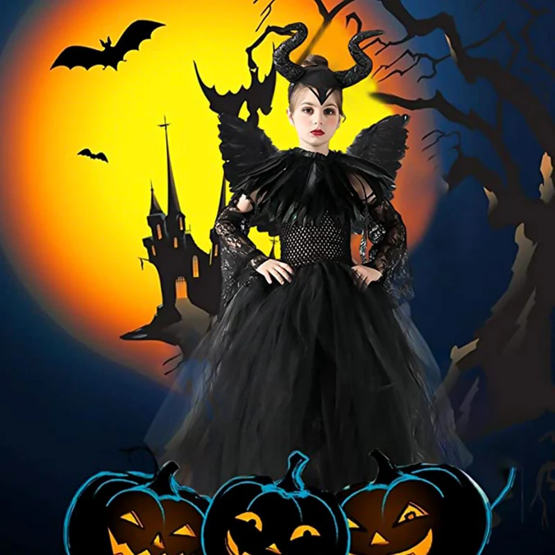 Malefica Costume da Regina per bambine, Strega Cattiva Halloween, Abiti Tutu Principessa, Gonna Tulle Festa a Tema, Vestito Carnevale, Natale, Cosplay (XL 135-155 cm)