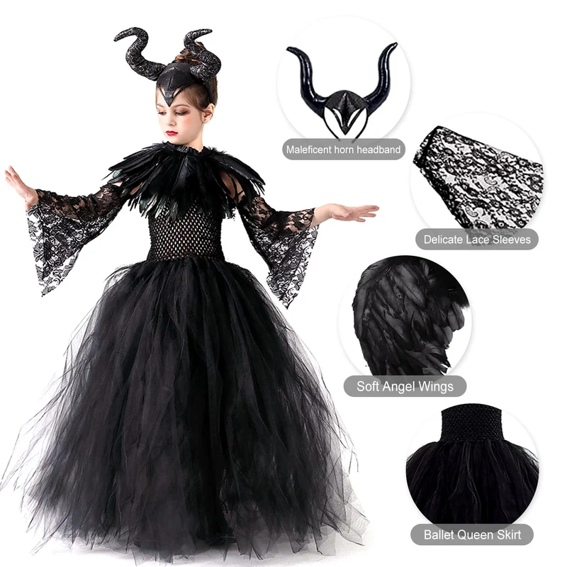 Malefica Costume da Regina per bambine, Strega Cattiva Halloween, Abiti Tutu Principessa, Gonna Tulle Festa a Tema, Vestito Carnevale, Natale, Cosplay (XL 135-155 cm)