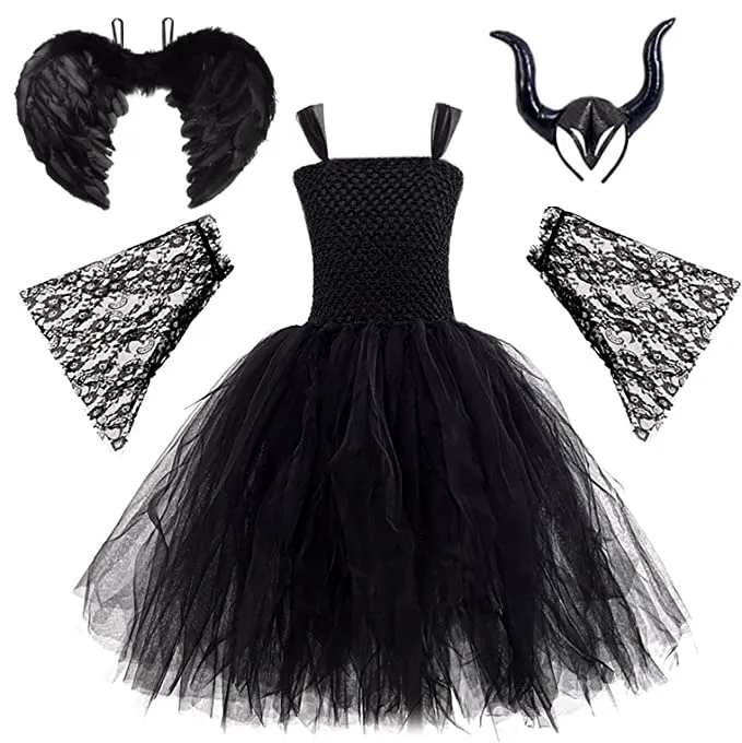 Malefica Costume da Regina per bambine, Strega Cattiva Halloween, Abiti Tutu Principessa, Gonna Tulle Festa a Tema, Vestito Carnevale, Natale, Cosplay (XL 135-155 cm)