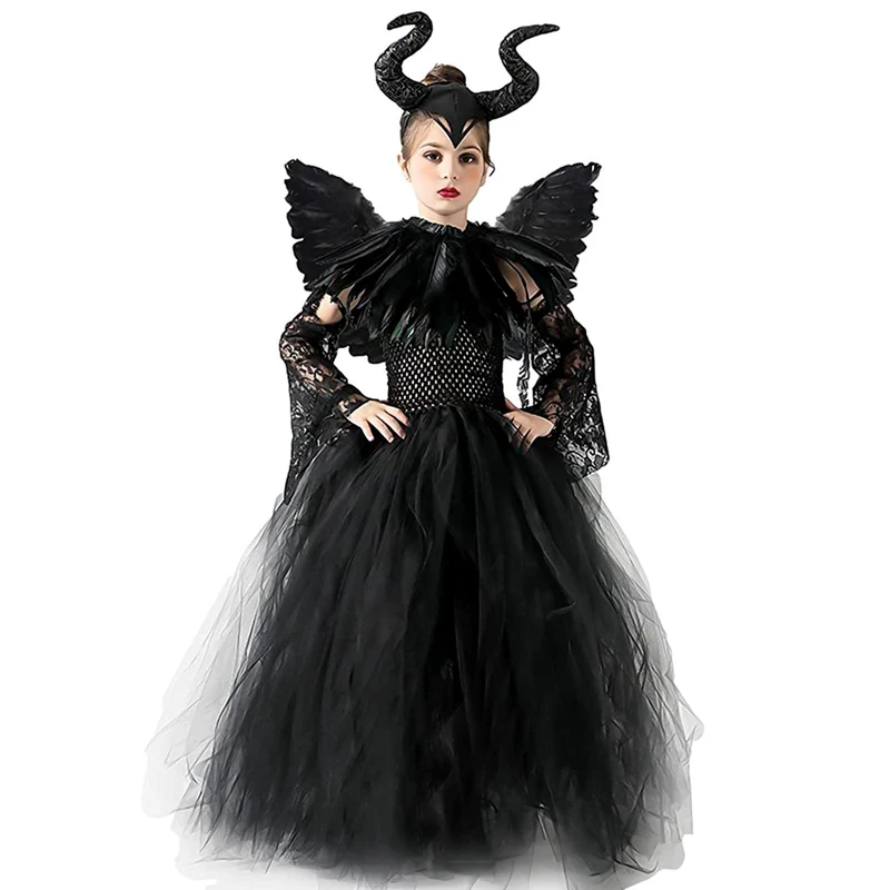 Malefica Costume da Regina per bambine, Strega Cattiva Halloween, Abiti Tutu Principessa, Gonna Tulle Festa a Tema, Vestito Carnevale, Natale, Cosplay (XL 135-155 cm)
