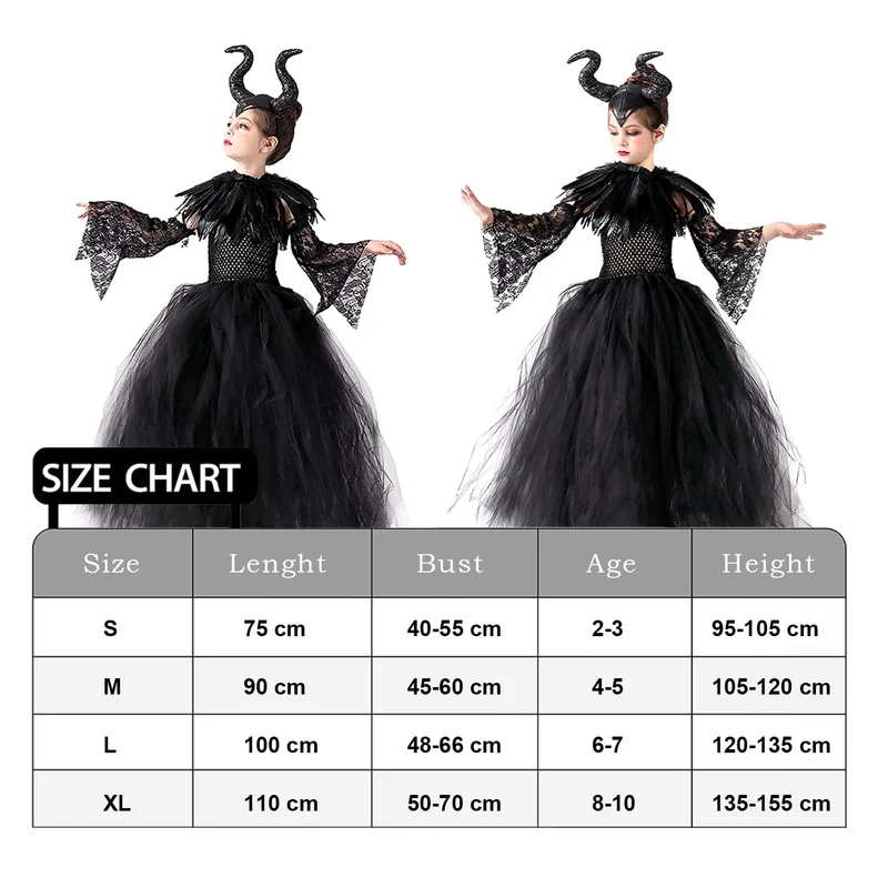 Malefica Costume da Regina per bambine, Strega Cattiva Halloween, Abiti Tutu Principessa, Gonna Tulle Festa a Tema, Vestito Carnevale, Natale, Cosplay (XL 135-155 cm)