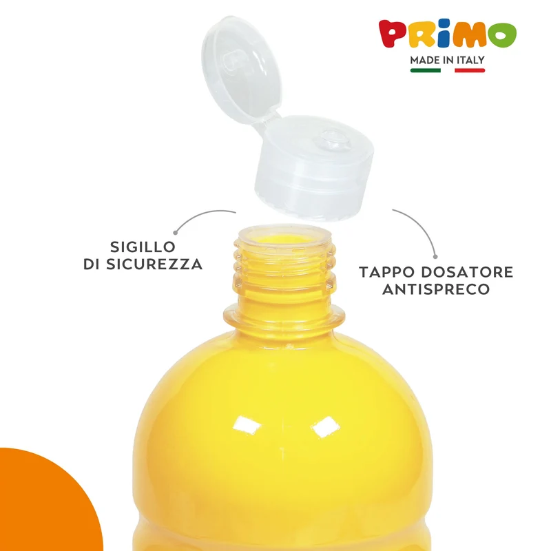 PRIMO - Tempere Lavabili per Bambini, 6 Colori per Bambini +3 Anni da 1L con Dosatore, Colori a Tempera per Dipingere Carta Stoffa Vetro, Pittura, Cartoleria, Lavoretti Creativi e Materiale Scolastico