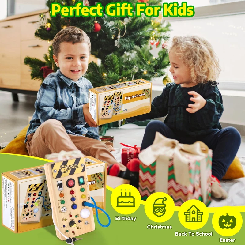 Giochi Bambini 1 anno Busy Board Montessori Gioco Bambino Regalo Bambino 1 2 3 anni Lavagna Montessori Sensoriale con Interruttore Luminoso a Led in Legno Attività Educative Giocattoli Da Viaggio