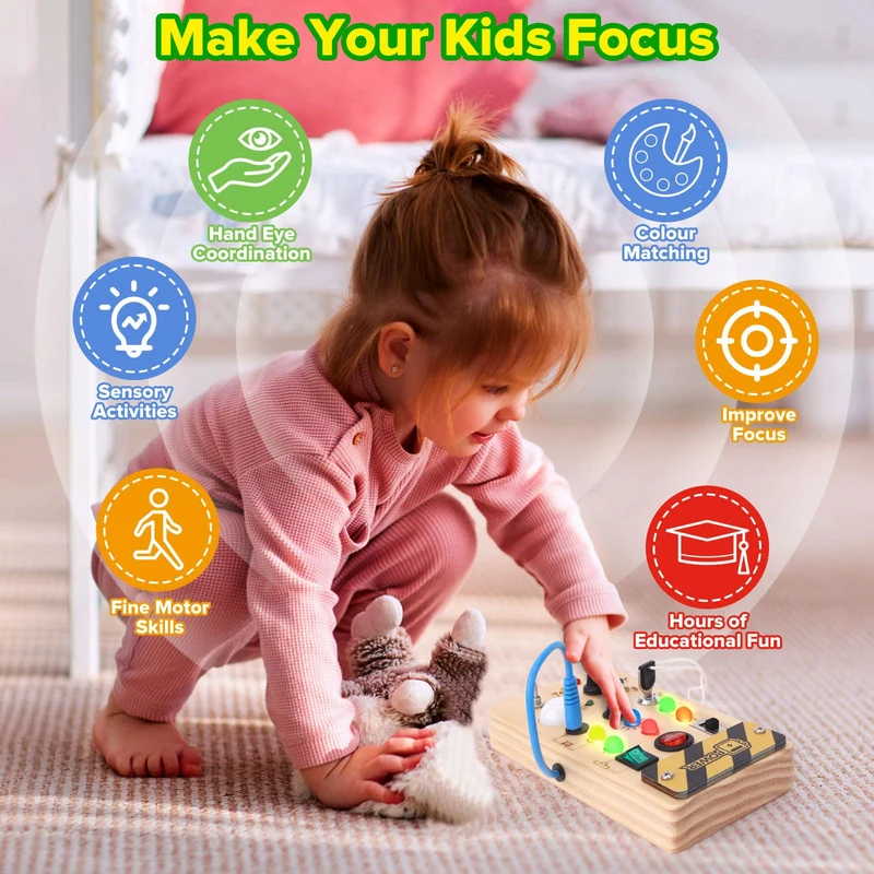Giochi Bambini 1 anno Busy Board Montessori Gioco Bambino Regalo Bambino 1 2 3 anni Lavagna Montessori Sensoriale con Interruttore Luminoso a Led in Legno Attività Educative Giocattoli Da Viaggio