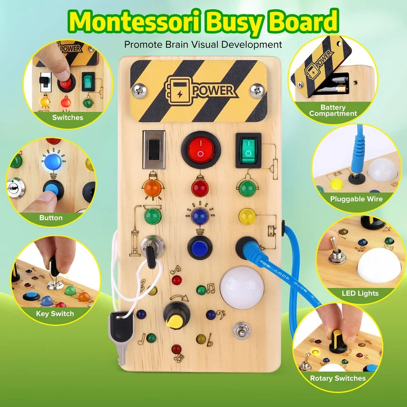 Giochi Bambini 1 anno Busy Board Montessori Gioco Bambino Regalo Bambino 1 2 3 anni Lavagna Montessori Sensoriale con Interruttore Luminoso a Led in Legno Attività Educative Giocattoli Da Viaggio