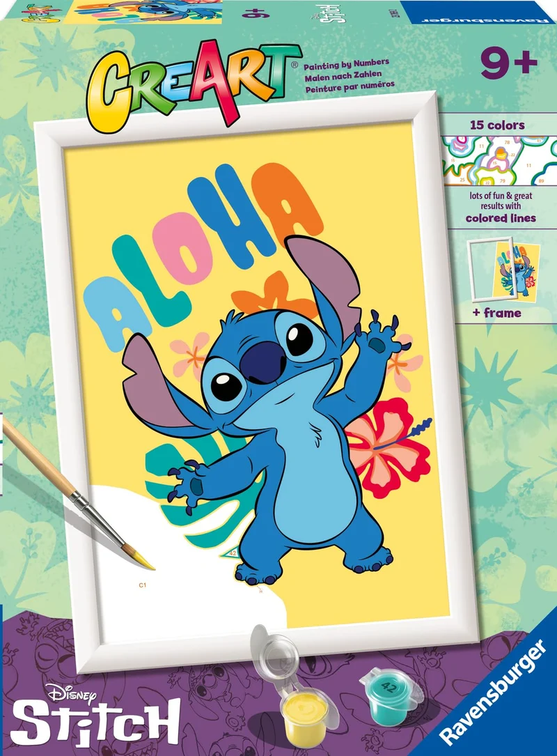Ravensburger - CreArt Serie D, Aloha Stitch, Dipingere con i Numeri, Kit Pittura Bambini, Cornice Inclusa, Gioco Educativo, Idea Regalo Bambino e Bambina 9+ Anni, 18x13 cm