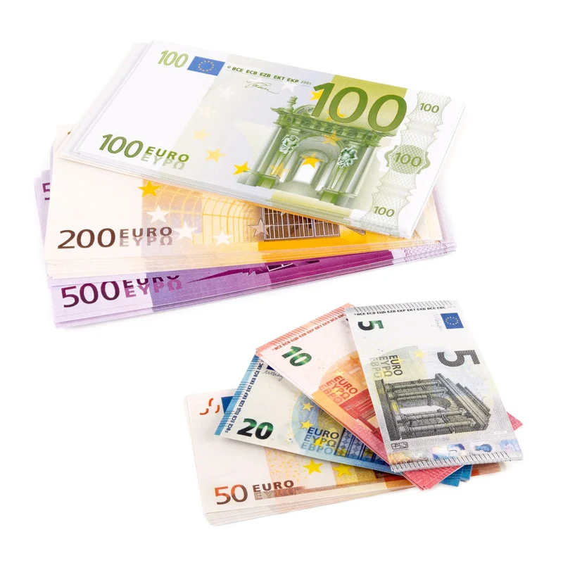 EIGHT4TWO® Confezione da 175 Banconote di Soldi Giocattolo - Composto da 25 Banconote da 5, 10, 20, 50, 100, 200 e 500 euro falsi al 125% Denaro reale - Banconote euro false per giocare (Pack € 125%)
