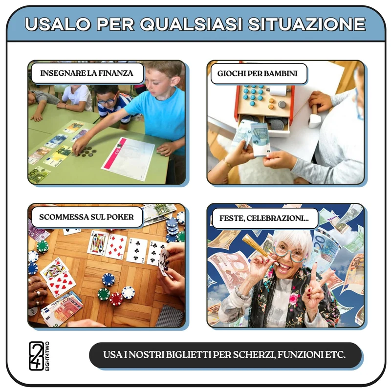 EIGHT4TWO® Confezione da 175 Banconote di Soldi Giocattolo - Composto da 25 Banconote da 5, 10, 20, 50, 100, 200 e 500 euro falsi al 125% Denaro reale - Banconote euro false per giocare (Pack € 125%)