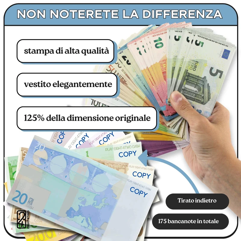 EIGHT4TWO® Confezione da 175 Banconote di Soldi Giocattolo - Composto da 25 Banconote da 5, 10, 20, 50, 100, 200 e 500 euro falsi al 125% Denaro reale - Banconote euro false per giocare (Pack € 125%)