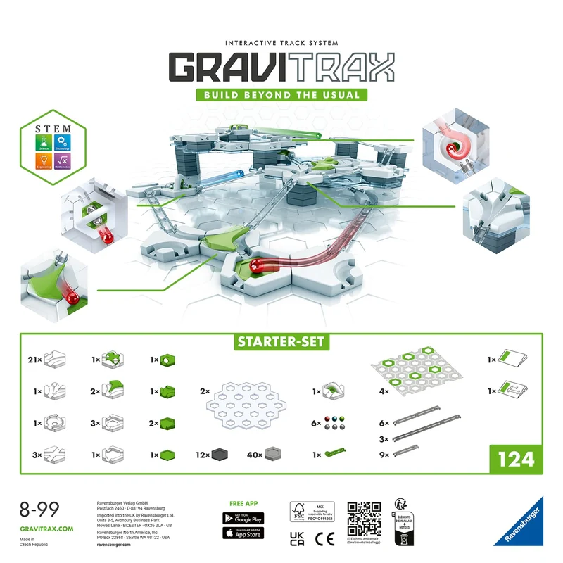 Ravensburger - GraviTrax Starter Kit, Pista di Biglie, Gioco Interattivo ed Educativo STEM, per Bambini 8+ Anni e Adulti, Compatibile con tutti i GraviTrax, 124 Pezzi