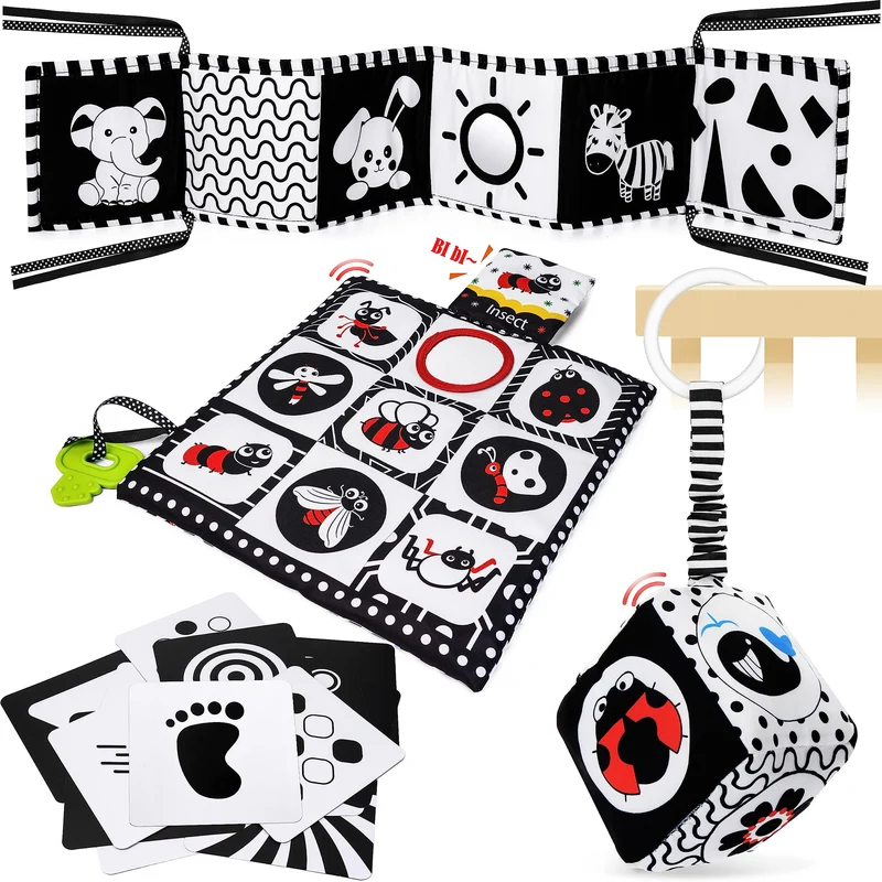 HappyKidsClub Giochi Neonato 0-12 Mesi, Libro Sensoriale Bianco e Nero Neonati Giochi Montessori 0-12 Mesi Tummy Time Regalo Neonato Maschio Femmina Sonaglio Neonato Giochi Sensoriali per Neonati
