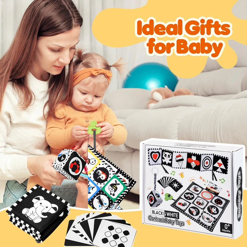 HappyKidsClub Giochi Neonato 0-12 Mesi, Libro Sensoriale Bianco e Nero Neonati Giochi Montessori 0-12 Mesi Tummy Time Regalo Neonato Maschio Femmina Sonaglio Neonato Giochi Sensoriali per Neonati