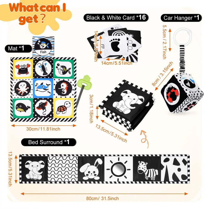 HappyKidsClub Giochi Neonato 0-12 Mesi, Libro Sensoriale Bianco e Nero Neonati Giochi Montessori 0-12 Mesi Tummy Time Regalo Neonato Maschio Femmina Sonaglio Neonato Giochi Sensoriali per Neonati