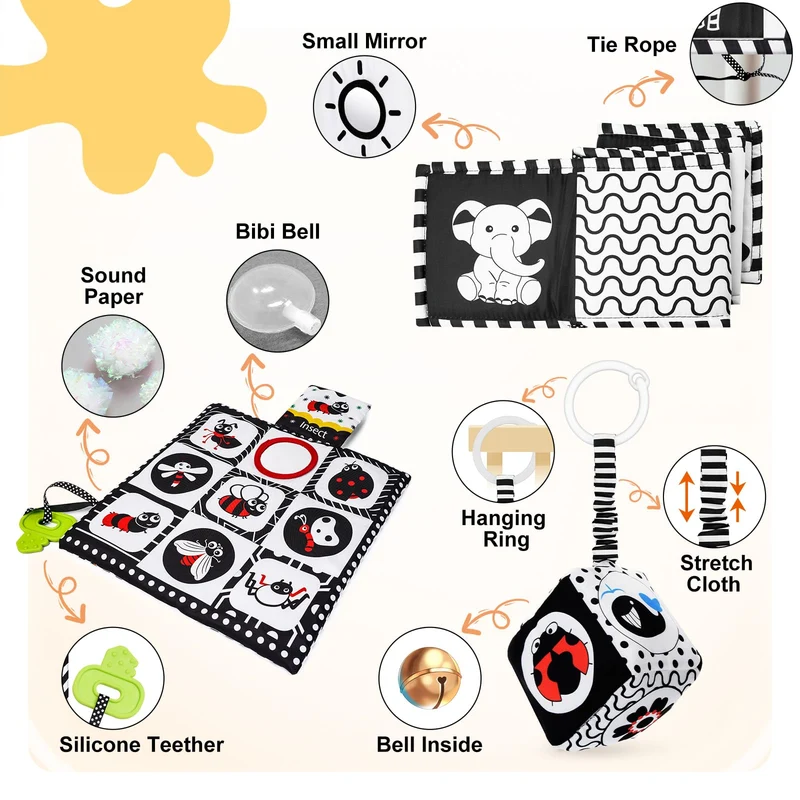 HappyKidsClub Giochi Neonato 0-12 Mesi, Libro Sensoriale Bianco e Nero Neonati Giochi Montessori 0-12 Mesi Tummy Time Regalo Neonato Maschio Femmina Sonaglio Neonato Giochi Sensoriali per Neonati