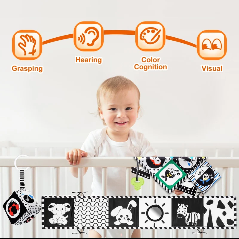HappyKidsClub Giochi Neonato 0-12 Mesi, Libro Sensoriale Bianco e Nero Neonati Giochi Montessori 0-12 Mesi Tummy Time Regalo Neonato Maschio Femmina Sonaglio Neonato Giochi Sensoriali per Neonati