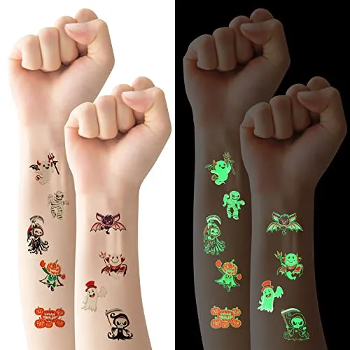 ACWOO Tatuaggi Temporanei per Bambini, 10 Fogli Luminosi Halloween Tatuaggi Set, Halloween Impermeabile Temporaneo Tattoos per Compleanno Regalo Festa di Halloween Cosplay Decorazioni
