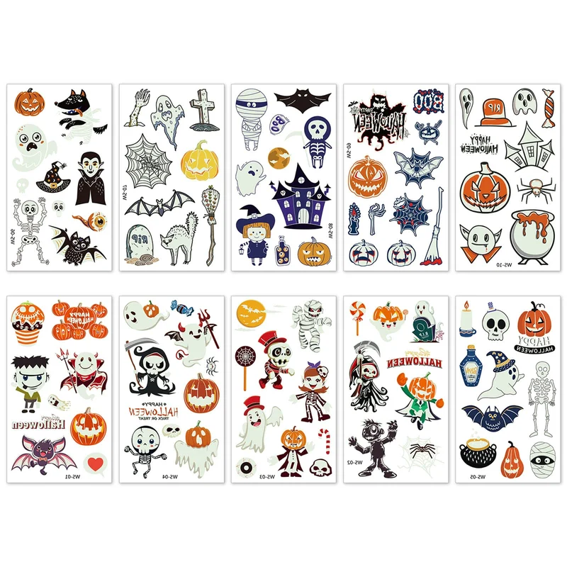 ACWOO Tatuaggi Temporanei per Bambini, 10 Fogli Luminosi Halloween Tatuaggi Set, Halloween Impermeabile Temporaneo Tattoos per Compleanno Regalo Festa di Halloween Cosplay Decorazioni