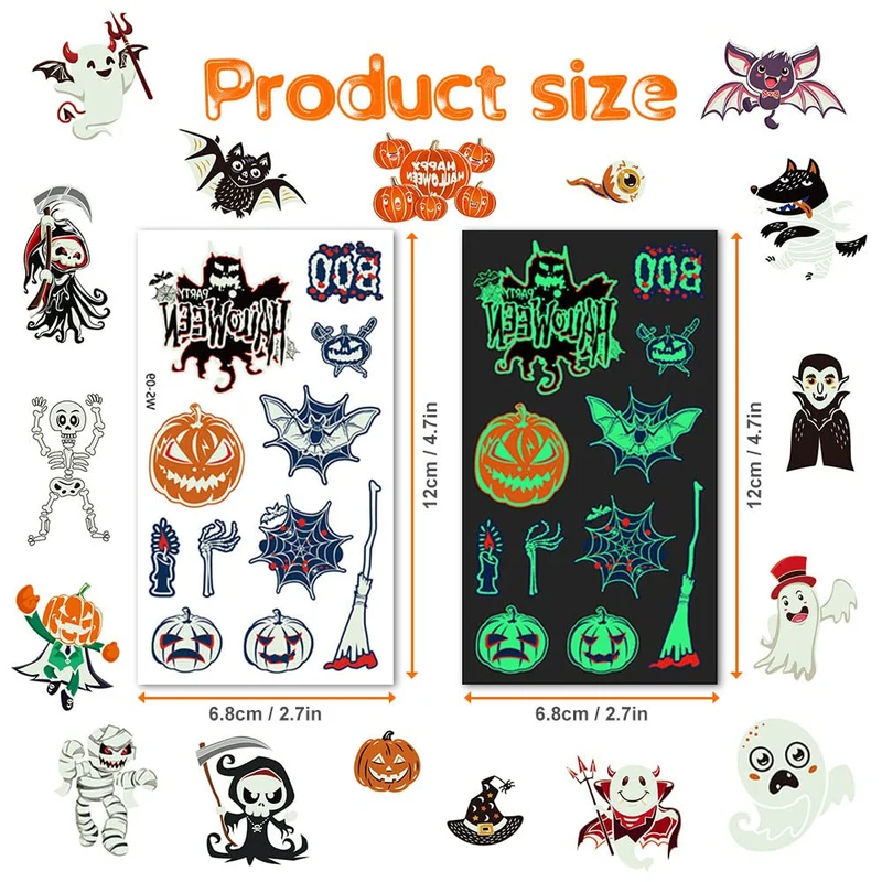 ACWOO Tatuaggi Temporanei per Bambini, 10 Fogli Luminosi Halloween Tatuaggi Set, Halloween Impermeabile Temporaneo Tattoos per Compleanno Regalo Festa di Halloween Cosplay Decorazioni