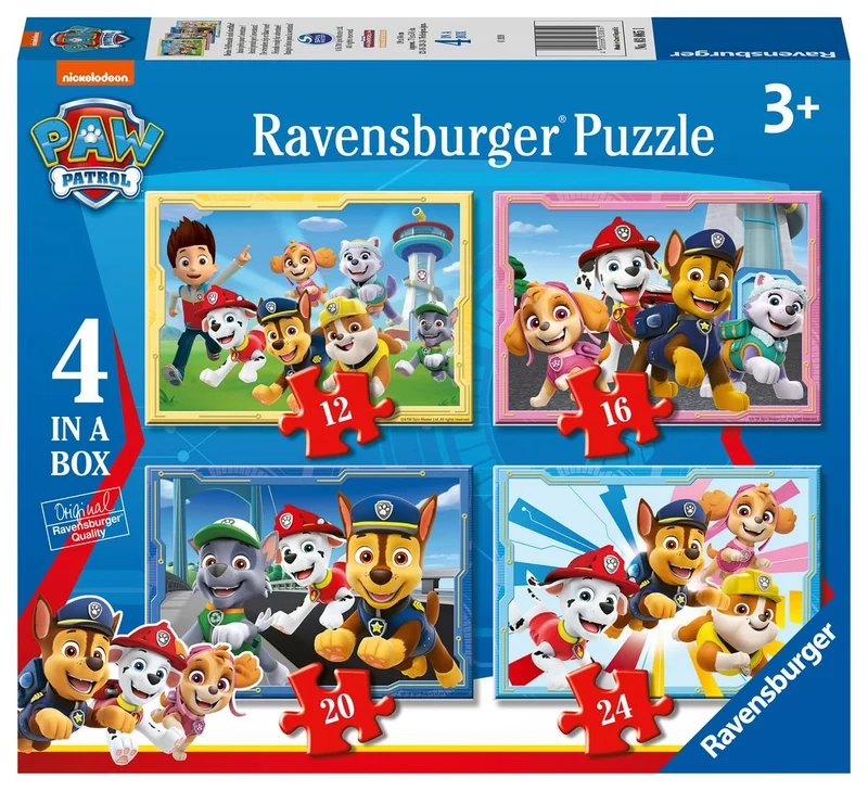 Ravensburger - Puzzle Paw Patrol B, Collezione 4 in a Box, Idea Regalo per Bambini 3+ Anni, Gioco Educativo e Stimolante, 4 Puzzle 12-16-20-24 Pezzi, 70x50 cm