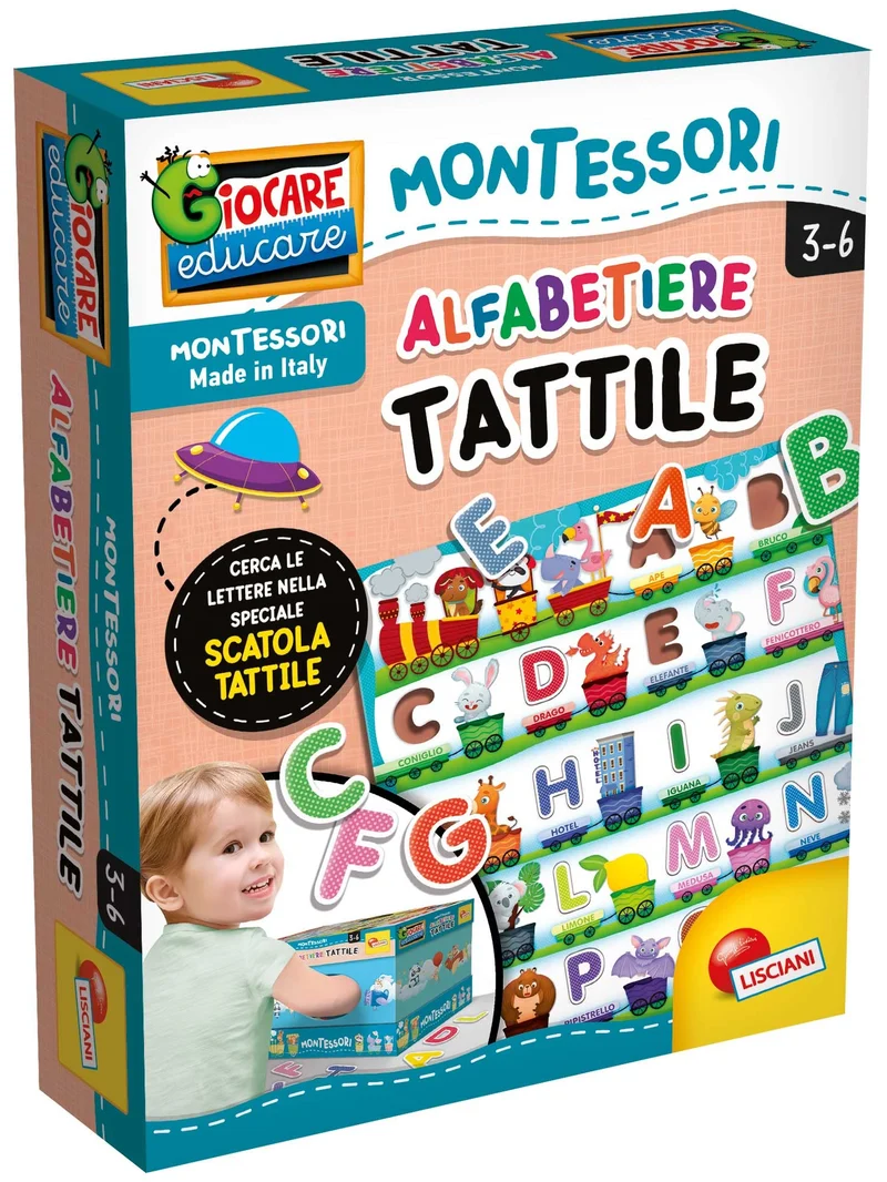 Liscianigiochi Montessori Alfabeto Tattile, 72446, 3-6 anni, Contiene alfabetiere, lettere sagomate, scatola tattile e istruzioni