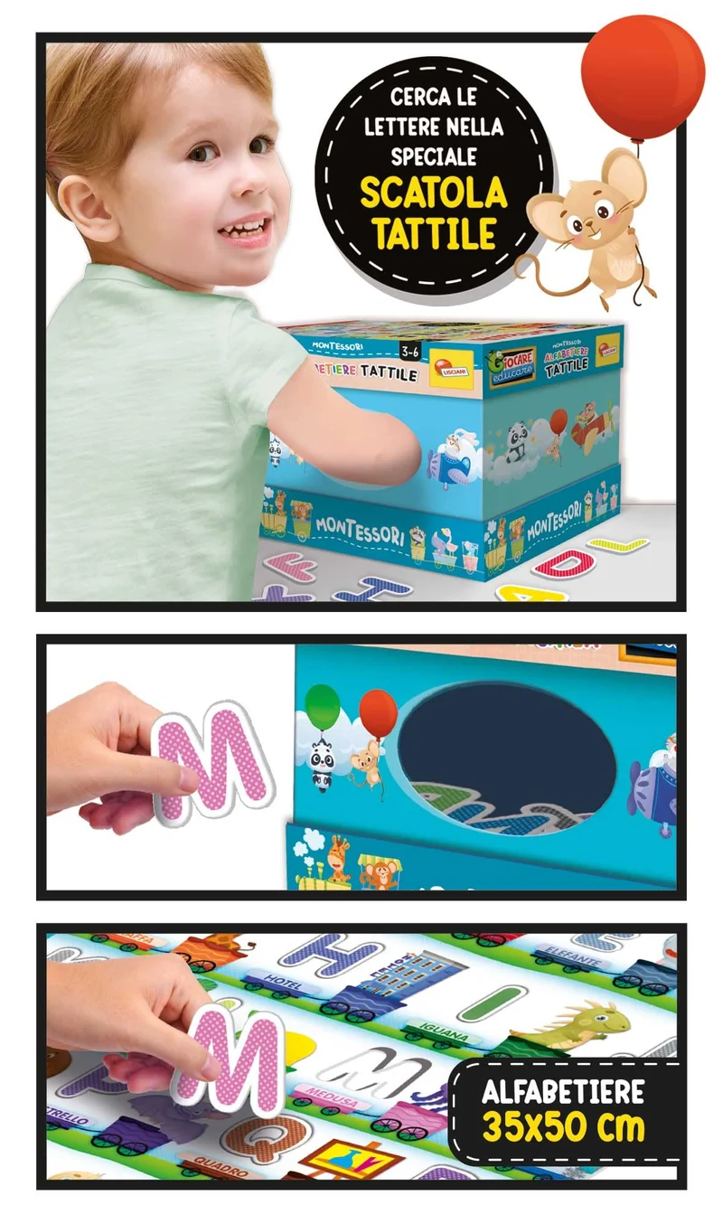 Liscianigiochi Montessori Alfabeto Tattile, 72446, 3-6 anni, Contiene alfabetiere, lettere sagomate, scatola tattile e istruzioni