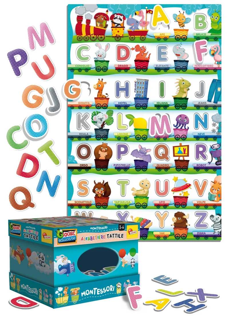 Liscianigiochi Montessori Alfabeto Tattile, 72446, 3-6 anni, Contiene alfabetiere, lettere sagomate, scatola tattile e istruzioni