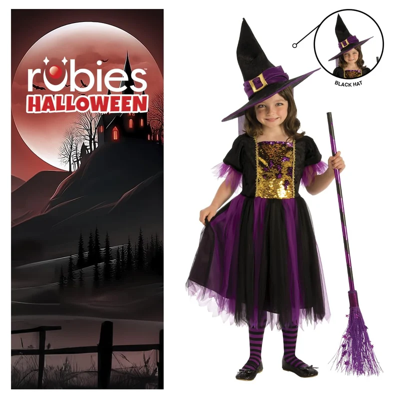 Rubies Costume Strega Magico per bambina, Vestito viola e dorato e capello, Ufficiale, Stregas, Witches per Halloween, Feste e Cosplay