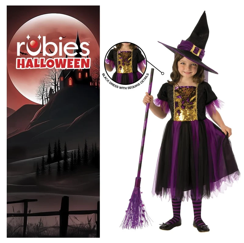 Rubies Costume Strega Magico per bambina, Vestito viola e dorato e capello, Ufficiale, Stregas, Witches per Halloween, Feste e Cosplay
