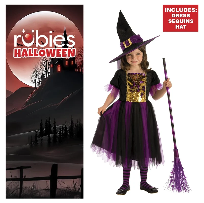 Rubies Costume Strega Magico per bambina, Vestito viola e dorato e capello, Ufficiale, Stregas, Witches per Halloween, Feste e Cosplay