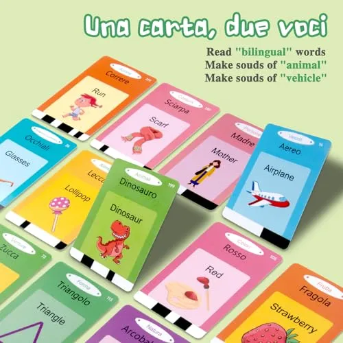 Xtaco flashcards bambini italiano e inglese, amico vocabolo gioco italiano,giochi montessori 2 anni, educativi prescolari Lingua Imparare a parlare Colori Numero Animali -224 Parole Verde