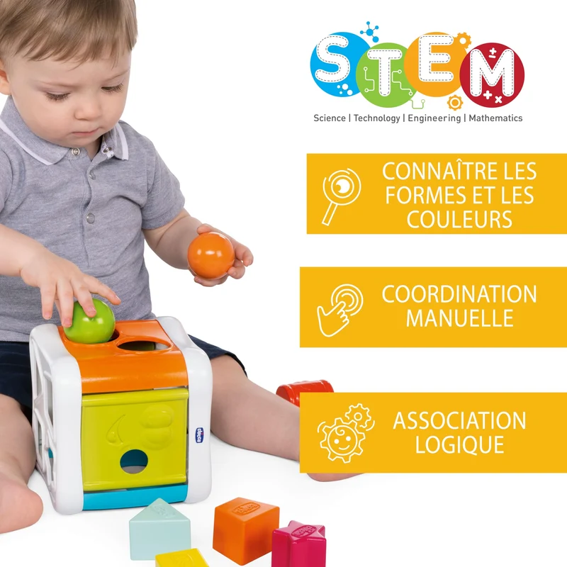 Chicco Cubo Incastra e Martella 2 in 1, Gioco Educativo per Bambini 10 Mesi - 3 Anni, con 4 Forme Geometriche, 2 Sfere e Martello Giocattolo, Multiattività