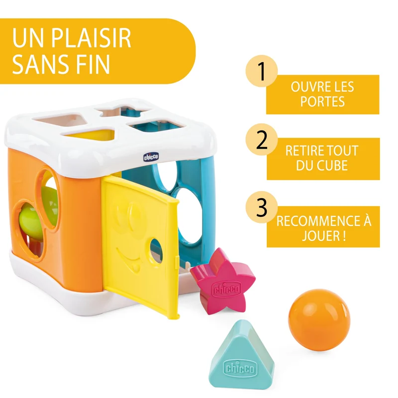 Chicco Cubo Incastra e Martella 2 in 1, Gioco Educativo per Bambini 10 Mesi - 3 Anni, con 4 Forme Geometriche, 2 Sfere e Martello Giocattolo, Multiattività