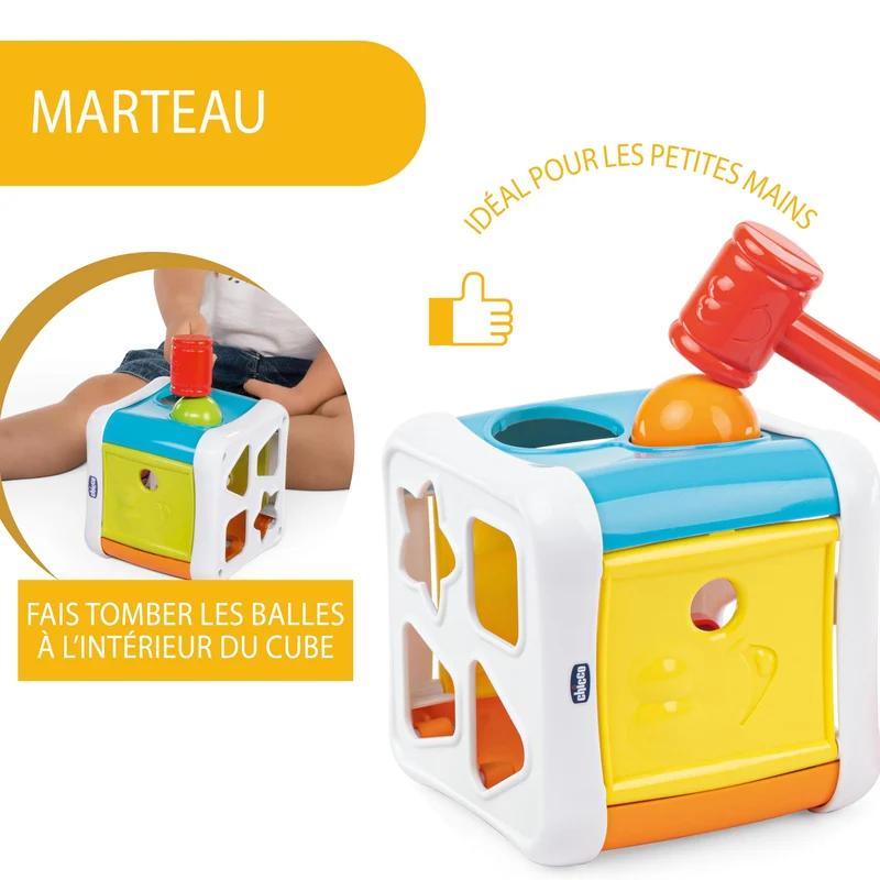 Chicco Cubo Incastra e Martella 2 in 1, Gioco Educativo per Bambini 10 Mesi - 3 Anni, con 4 Forme Geometriche, 2 Sfere e Martello Giocattolo, Multiattività