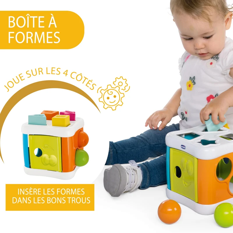 Chicco Cubo Incastra e Martella 2 in 1, Gioco Educativo per Bambini 10 Mesi - 3 Anni, con 4 Forme Geometriche, 2 Sfere e Martello Giocattolo, Multiattività