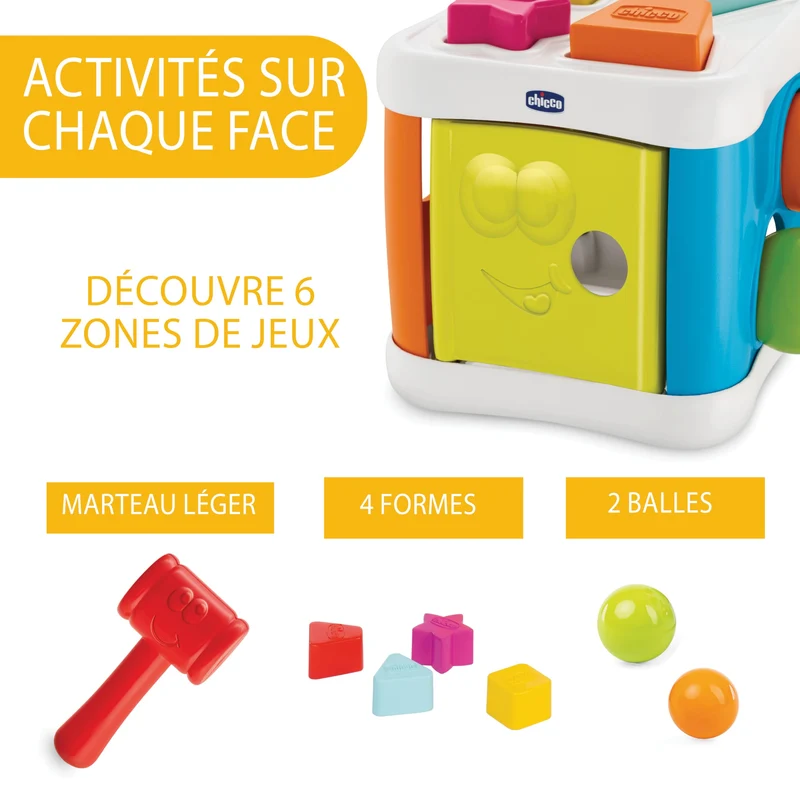 Chicco Cubo Incastra e Martella 2 in 1, Gioco Educativo per Bambini 10 Mesi - 3 Anni, con 4 Forme Geometriche, 2 Sfere e Martello Giocattolo, Multiattività