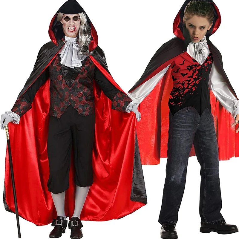 Mantello per costume di Halloween, mantello da vampiro con cappuccio, mantello con cappuccio reversibile nero rosso, mantello con cappuccio per bambini e adulti di Halloween (90 cm)