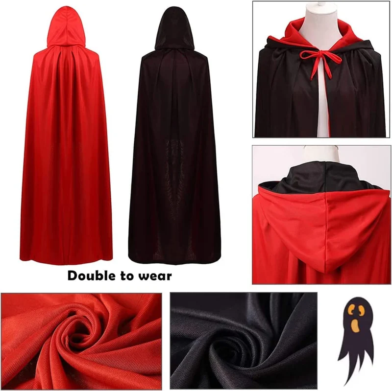 Mantello per costume di Halloween, mantello da vampiro con cappuccio, mantello con cappuccio reversibile nero rosso, mantello con cappuccio per bambini e adulti di Halloween (90 cm)